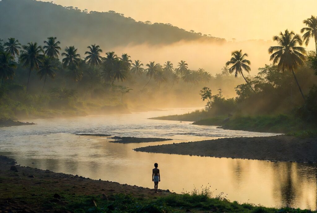 A young boy stands safely on the bank of a serene Kerala river during golden hour