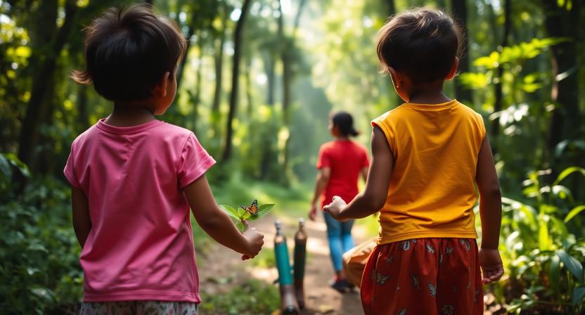 A close-up shot from behind a small group of children walking hand
