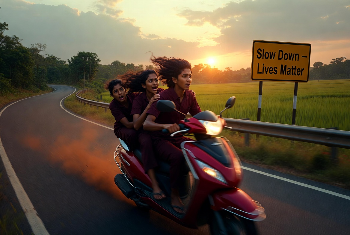 Teenagers speeding on scooter without helmet on Kerala road during summer vacation