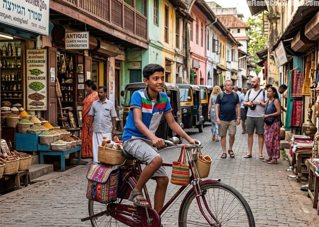 Manu cycling through the narrow, cobbled streets of Jew Town, Mattancherry
