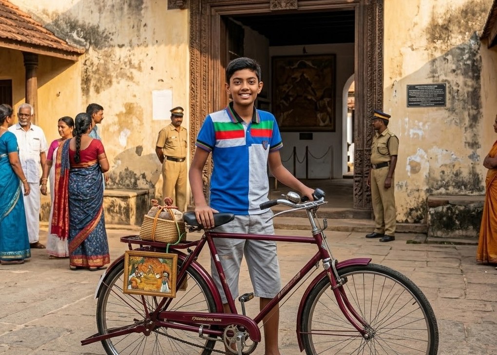 Manu standing in front of the Mattancherry Palace entrance with his bicycle