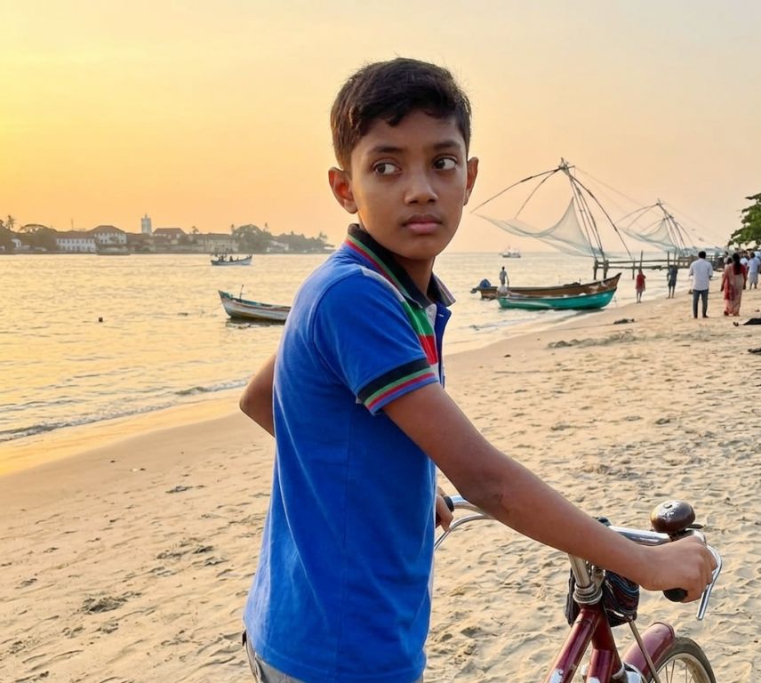 Manu with his bicycle on Fort Kochi Beach