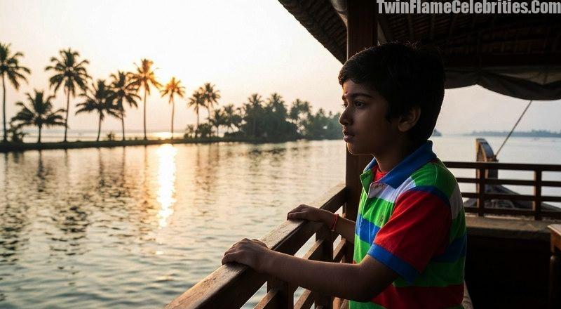 A cinematic shot of a young boy looking out at the golden horizon of Vembanad Lake from a wooden houseboat.