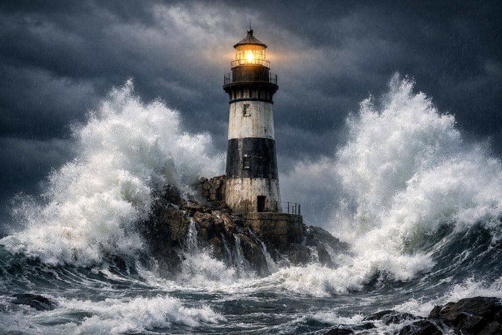 A lighthouse representing Sanjeev A as a symbol of courage amidst life's storms.