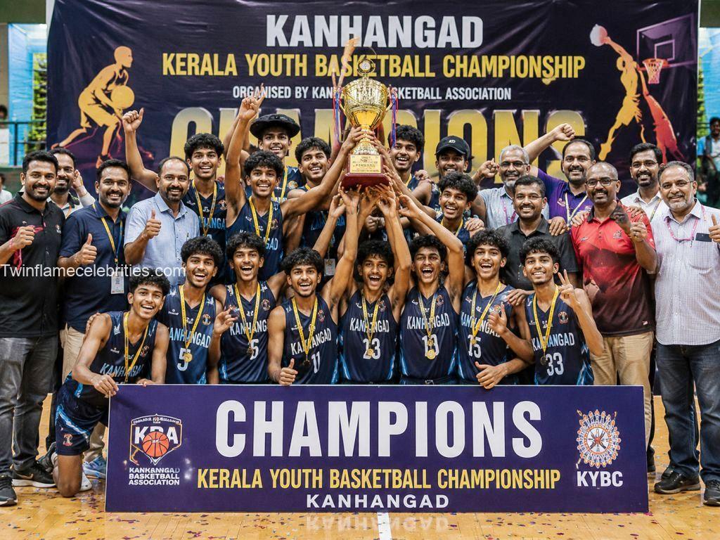 Thrissur youth basketball team celebrating their victory in the 2026 Kerala State Finals.